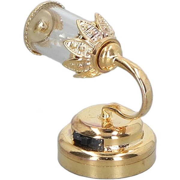 Puppenhaus-Miniaturlampe aus goldenem Metall mit LED und transparentem Lampenschirm