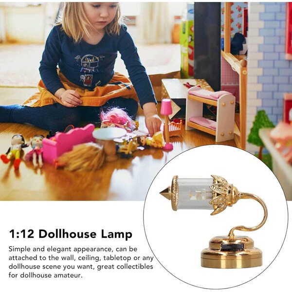 Puppenhaus-Miniaturlampe aus goldenem Metall mit LED und transparentem Lampenschirm