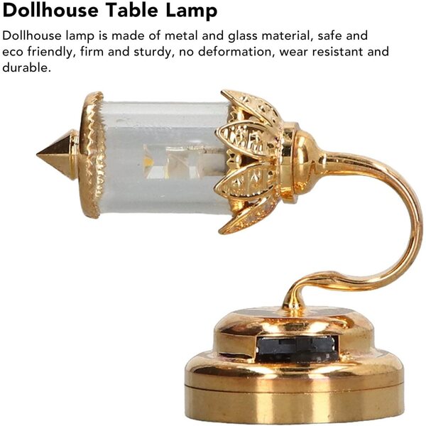 Puppenhaus-Miniaturlampe aus goldenem Metall mit LED und transparentem Lampenschirm