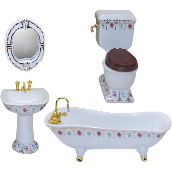 Set da bagno in porcellana 1:12 per casa delle bambole con vasca, WC, specchio e lavabo