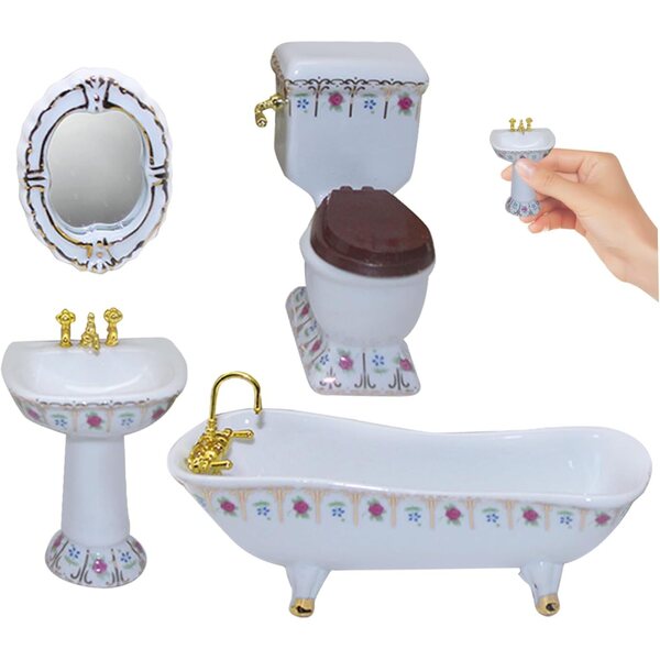 Set da bagno in porcellana 1:12 per casa delle bambole con vasca, WC, specchio e lavabo
