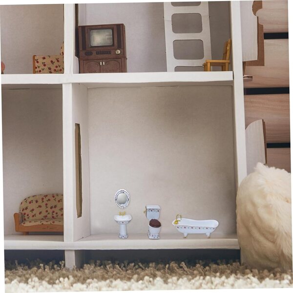 Set da bagno in porcellana 1:12 per casa delle bambole con vasca, WC, specchio e lavabo