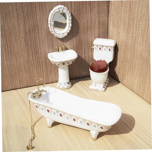 Set da bagno in porcellana 1:12 per casa delle bambole con vasca, WC, specchio e lavabo