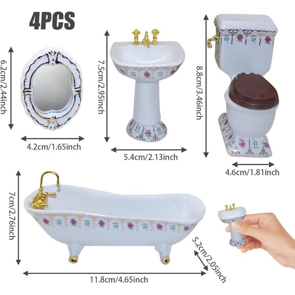 Set da bagno in porcellana 1:12 per casa delle bambole con vasca, WC, specchio e lavabo