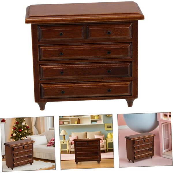 Mini Comò in Legno Massello Finitura Castagno Stile Vintage per Casa delle Bambole
