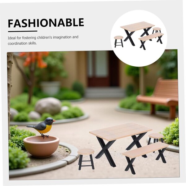 Set 4 pezzi mobili miniatura casa delle bambole: tavolo, panca e taburetti da giardino