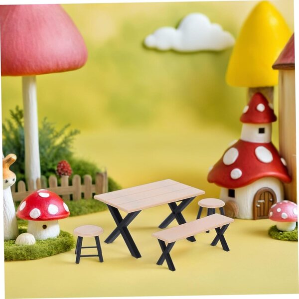 Set 4 pezzi mobili miniatura casa delle bambole: tavolo, panca e taburetti da giardino