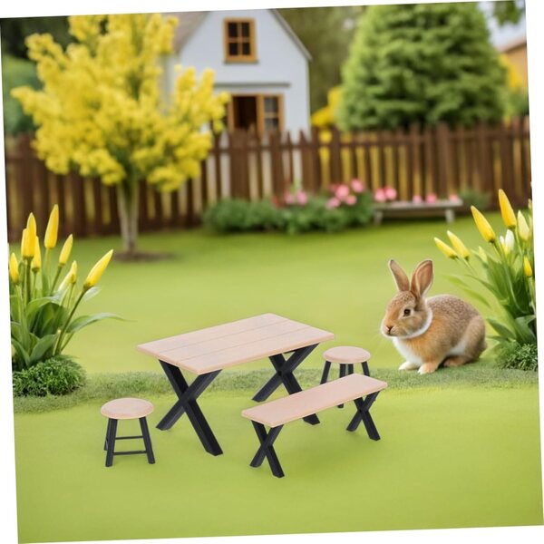 Set 4 pezzi mobili miniatura casa delle bambole: tavolo, panca e taburetti da giardino