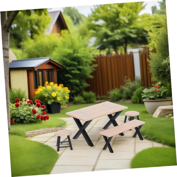 Set 4 pezzi mobili miniatura casa delle bambole: tavolo, panca e taburetti da giardino