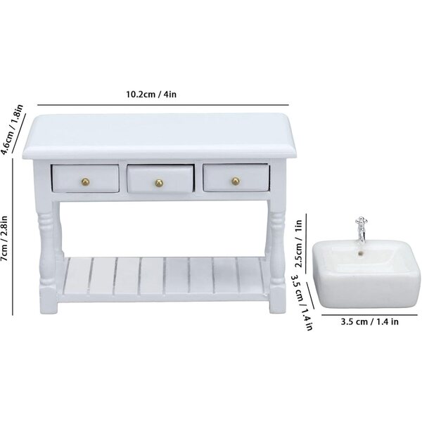 Srliya Set Bagno Miniatura Casa delle Bambole 1:12 Lavabo Bianco in Ceramica e Legno di Betulla