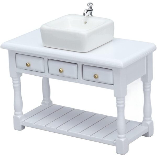 Srliya Set Bagno Miniatura Casa delle Bambole 1:12 Lavabo Bianco in Ceramica e Legno di Betulla