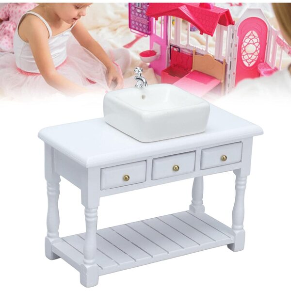 Srliya Set Bagno Miniatura Casa delle Bambole 1:12 Lavabo Bianco in Ceramica e Legno di Betulla