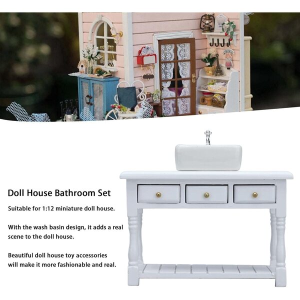 Srliya Set Bagno Miniatura Casa delle Bambole 1:12 Lavabo Bianco in Ceramica e Legno di Betulla
