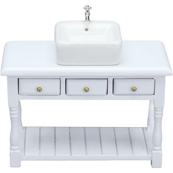 Srliya Set Bagno Miniatura Casa delle Bambole 1:12 Lavabo Bianco in Ceramica e Legno di Betulla