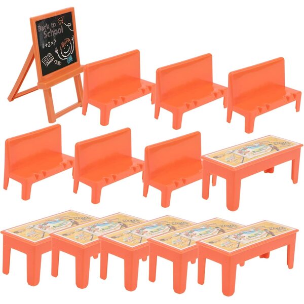 Miniatur-Schulmöbel-Set für 2 Klassen, 13-teilig, Tisch, Tafel, Stühle, Dekoration