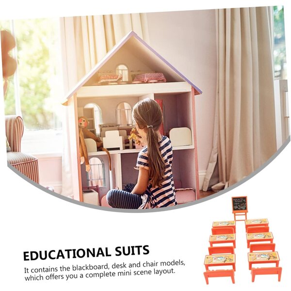 Miniatur-Schulmöbel-Set für 2 Klassen, 13-teilig, Tisch, Tafel, Stühle, Dekoration