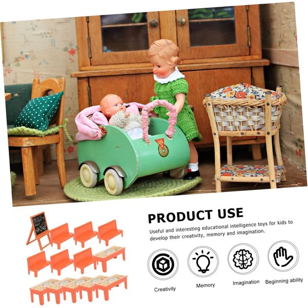Miniatur-Schulmöbel-Set für 2 Klassen, 13-teilig, Tisch, Tafel, Stühle, Dekoration