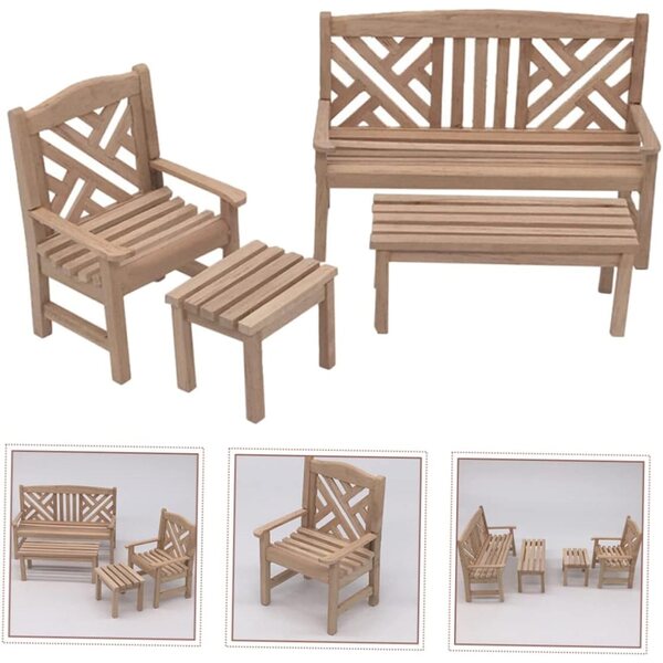 Set Mini Mobili da Giardino in Legno per Casa delle Bambole, 4 Pezzi Miniature