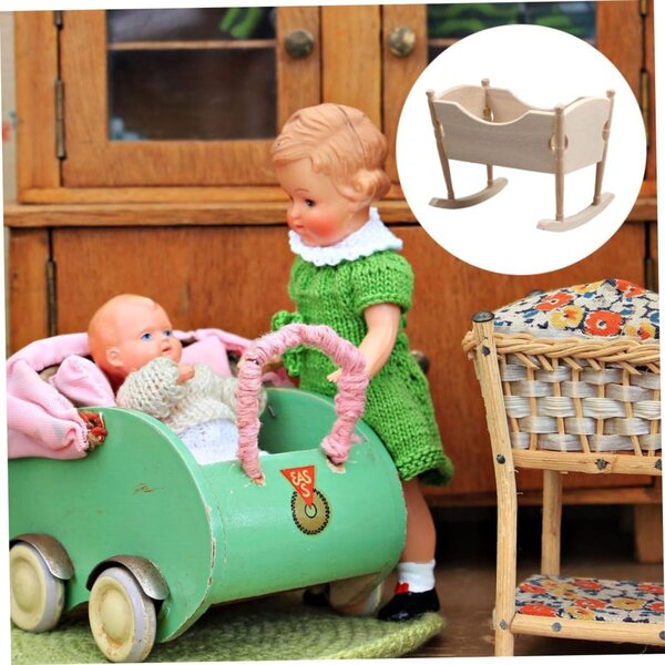 ORFOFE Mini Culla in Legno per Casa delle Bambole, Accessorio Artigianale Beige 8,6x6,5 cm