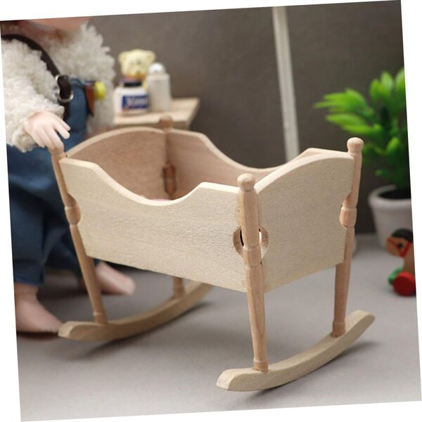 ORFOFE Mini Culla in Legno per Casa delle Bambole, Accessorio Artigianale Beige 8,6x6,5 cm