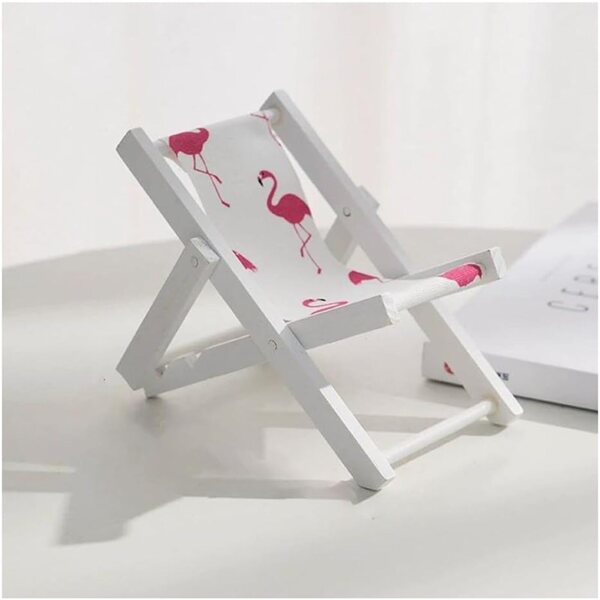 Mini chaise de plage pliante in legno per casa delle bambole e supporto cellulare