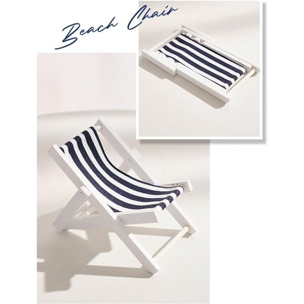 Mini chaise de plage pliante in legno per casa delle bambole e supporto cellulare