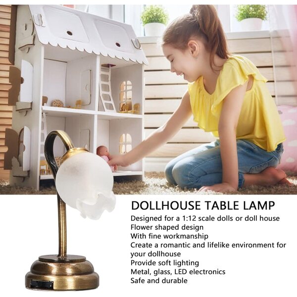 1:12 Miniatur-Tischlampe mit romantischer LED aus Metall und Glas für Puppenhäuser