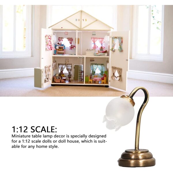 1:12 Miniatur-Tischlampe mit romantischer LED aus Metall und Glas für Puppenhäuser