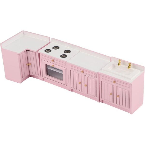 1:12 Miniatur-Küchenmöbelset aus rosa Holz für Puppenhaus – Mrisata