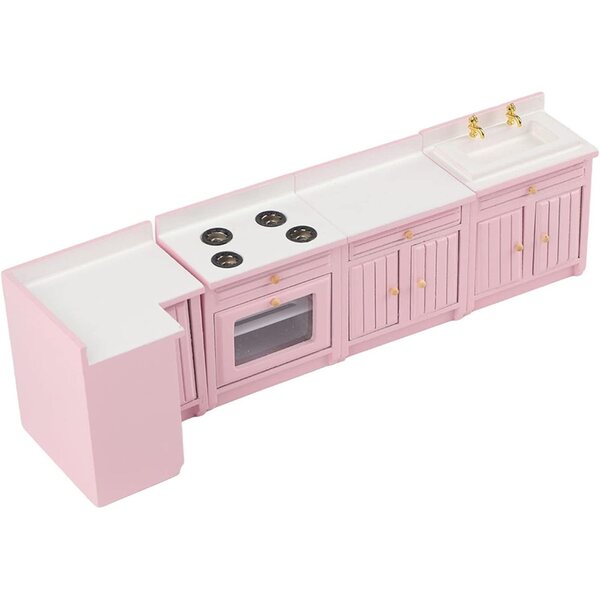 1:12 Miniatur-Küchenmöbelset aus rosa Holz für Puppenhaus – Mrisata