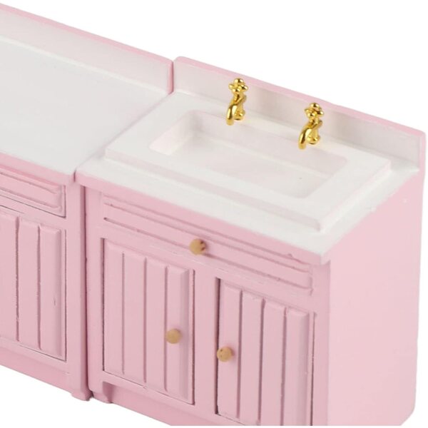 1:12 Miniatur-Küchenmöbelset aus rosa Holz für Puppenhaus – Mrisata
