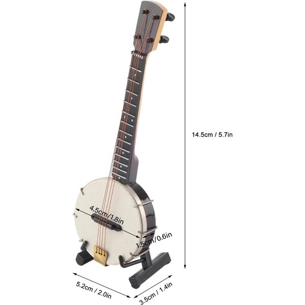 Miniatur-Banjo-Modell in Tilleul mit Ständer und Box für das Puppenhaus