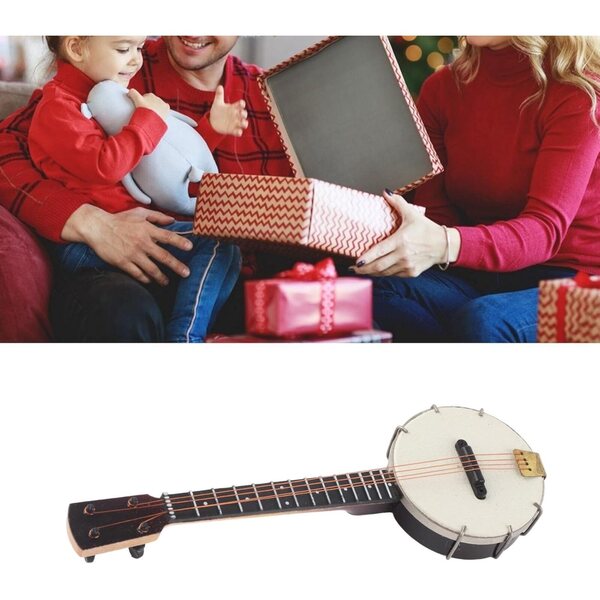 Miniatur-Banjo-Modell in Tilleul mit Ständer und Box für das Puppenhaus