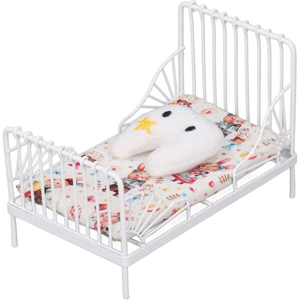 Mini letto metallizzato in scala 1:12 per casa delle bambole con cuscino decorativo bianco