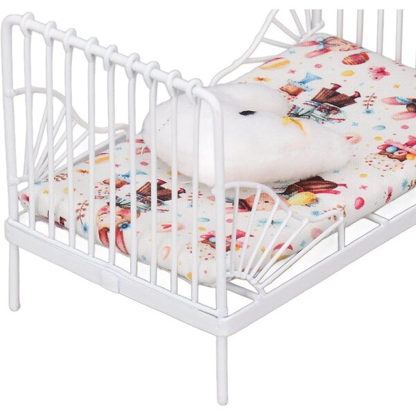 Mini letto metallizzato in scala 1:12 per casa delle bambole con cuscino decorativo bianco