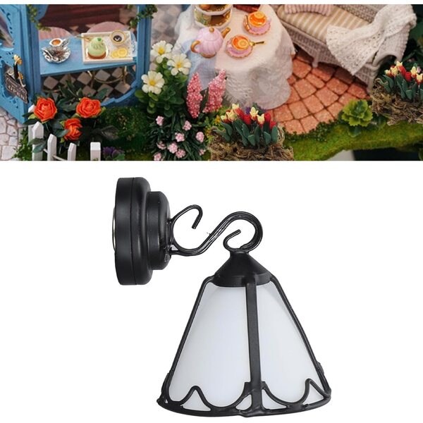 1:12 Miniatur-LED-Wandleuchte aus Metall mit weißem Abat-Jour und schwarzem Rand