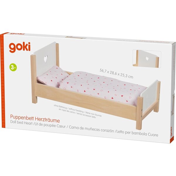 Goki Puppenbett aus Holz mit romantischem Herz – 56,7 x 28,7 x 25,3 cm