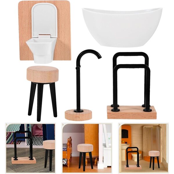 Set 12 Accessori in Legno e Plastica per Casa delle Bambole - Bagno Miniatura 1:12