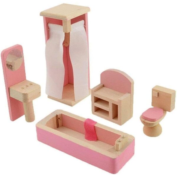 Set mobili in legno per casa delle bambole 1:12 bagno completo rosa e legno
