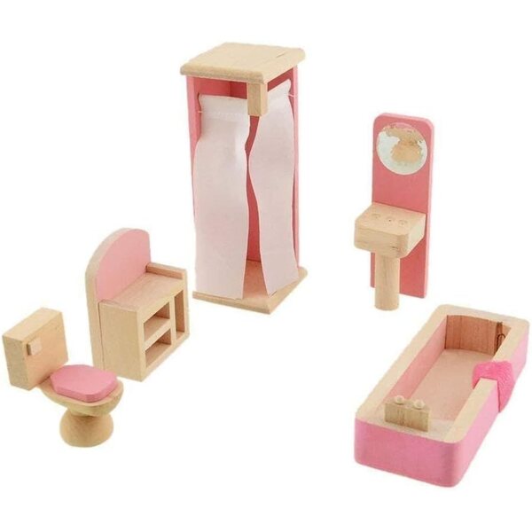 Set mobili in legno per casa delle bambole 1:12 bagno completo rosa e legno
