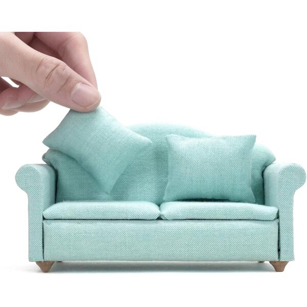 1:12 grünes Miniatursofa aus Holz mit Kissen für Puppenhaus