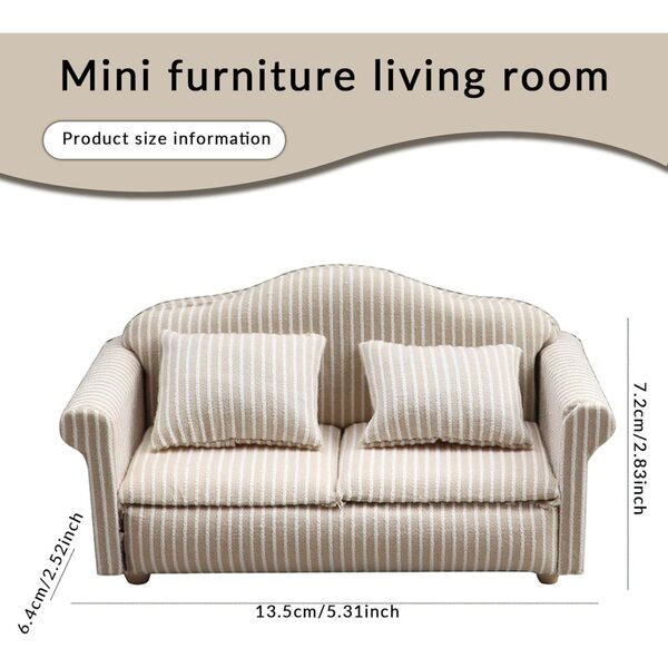 1/12 Miniatursofa für Puppenhaus aus beige gestreiftem Stoff mit Kissen