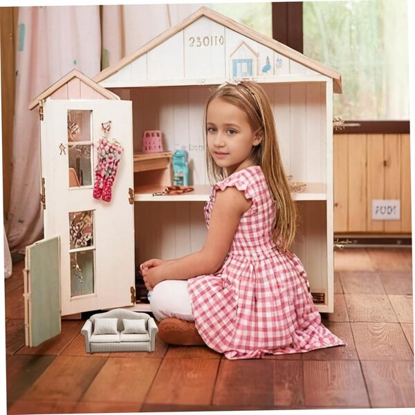 1/12 Miniatursofa für Puppenhaus aus beige gestreiftem Stoff mit Kissen