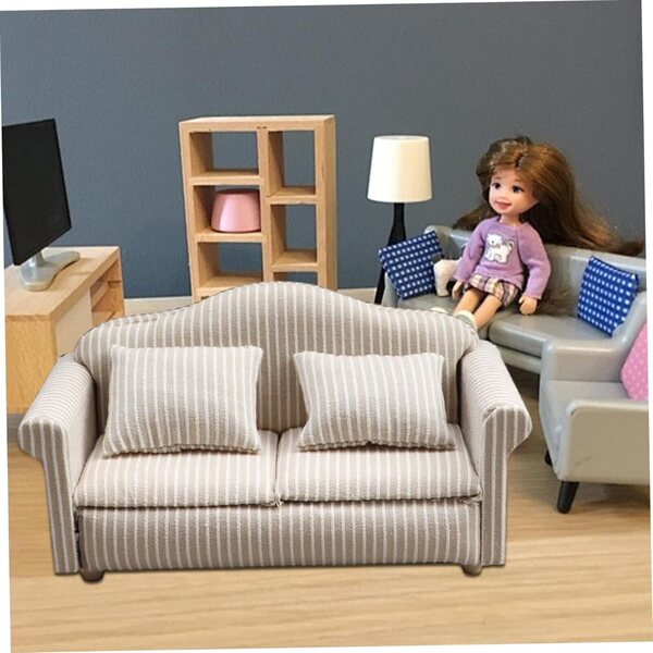 1/12 Miniatursofa für Puppenhaus aus beige gestreiftem Stoff mit Kissen