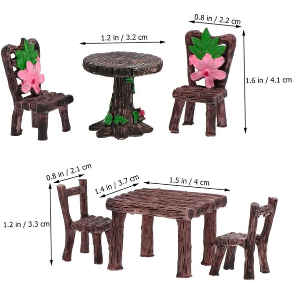 Set 6 pezzi mobili da giardino miniatura in resina: tavoli e sedie per casa delle bambole