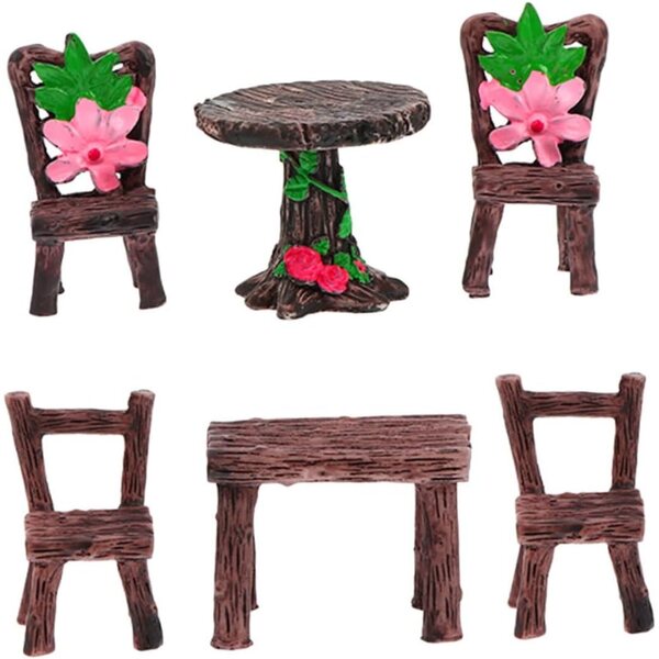 Set 6 pezzi mobili da giardino miniatura in resina: tavoli e sedie per casa delle bambole