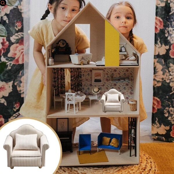 Minisofa aus Stoff und Holz für Puppenhaus, Beige mit weißen Streifen