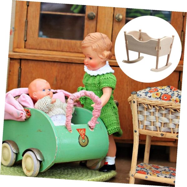 Mini Culla in Legno per Casa delle Bambole, Arredo Camera da Letto in Miniatura Beige
