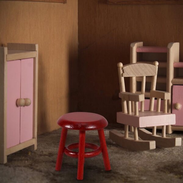 Tabouret Miniatura in Legno Rosso Scuro per Casa delle Bambole 3,7x3,2 cm