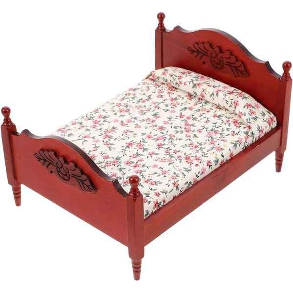 Letto Miniatura Casa delle Bambole in Stile Europeo Vintage in Legno Rosso 1:12